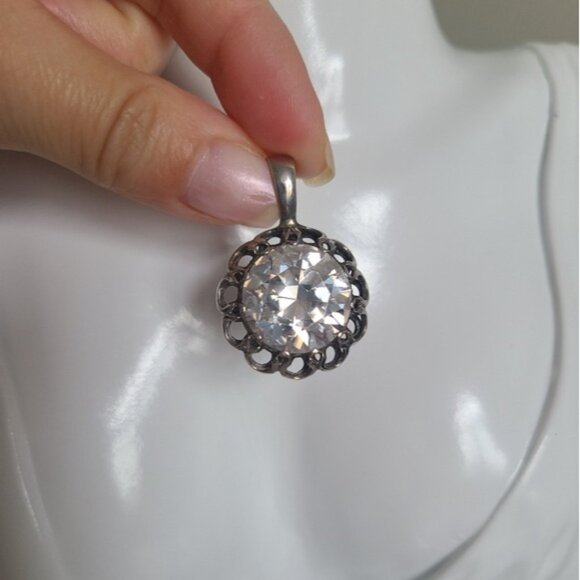 Vintage Antique 925 Sterling Silver Chunky Crystal Circle Pendant - Picture 11 of 16